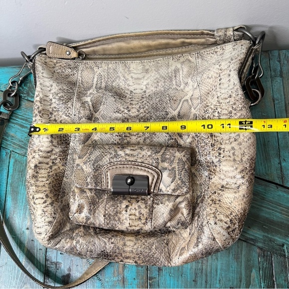 Coach Kristin Embossed Gray/Beige/Tan Leather Python Print Hobo Handbag Zip Top - Picture 10 of 16